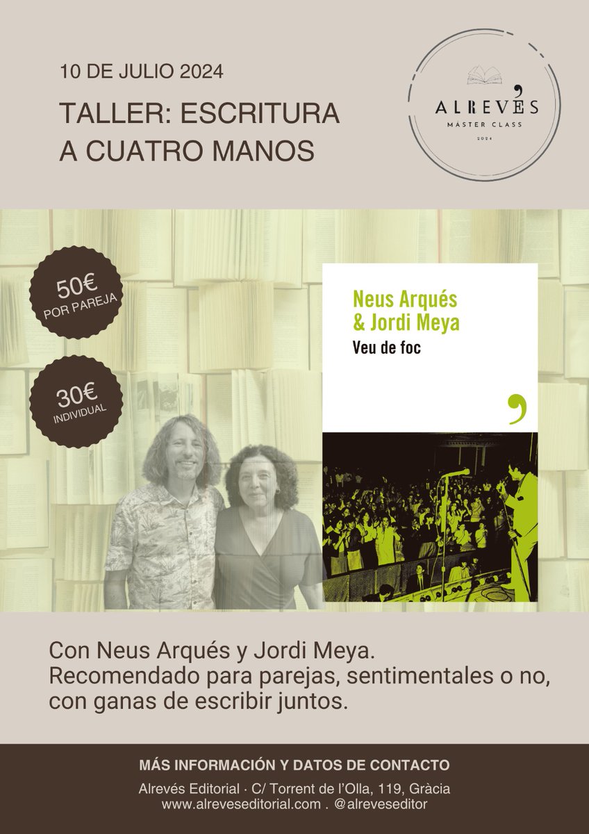 RockZone (@rockzone) on Twitter photo Taller de escritura a cuatro manos de Jordi Meya y <a href="/NeusArques/">Neus Arques</a>, autores de #veudefoc 🔥10 de julio en Barcelona. Organizado por @AlrevesEditor. Más info e inscripciones en alreveseditorial.com/libros/taller-… Taller de escritura a cuatro manos de Jordi Meya y <a href="/NeusArques/">Neus Arques</a>, autores de #veudefoc 🔥10 de julio en Barcelona. Organizado por @AlrevesEditor. Más info e inscripciones en alreveseditorial.com/libros/taller-…