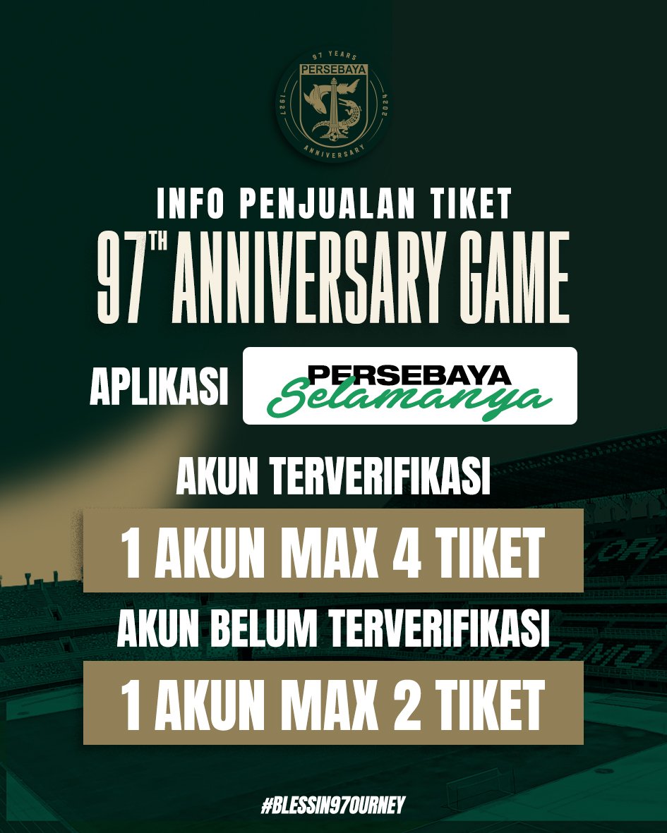 persebayaupdate's tweet photo. A New Hope for Persebaya
#Blessin97ourney 
.
GBT Calling Rek…! 
Dalam rangka memperingati ulang tahun Persebaya yang ke-97, juga ulang tahun kota tercinta Surabaya yang ke-731, Persebaya akan menggelar anniversary game melawan Persibo Bojonegoro pada Sabtu, 29 Juni 2023. https://t.co/JibqAPQTJc