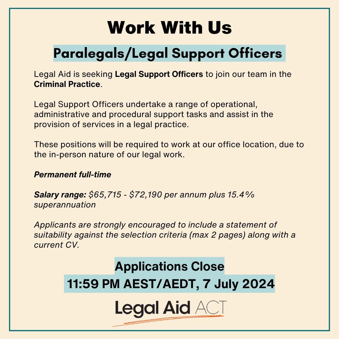 YLCACT's tweet image. Come work at @LegalAidACT. We’re looking for passionate and engaged paralegals/legal support officers to join our criminal practice team. 
Applications close 11:59PM on July 7. 
Apply now: buff.ly/4csl8HS