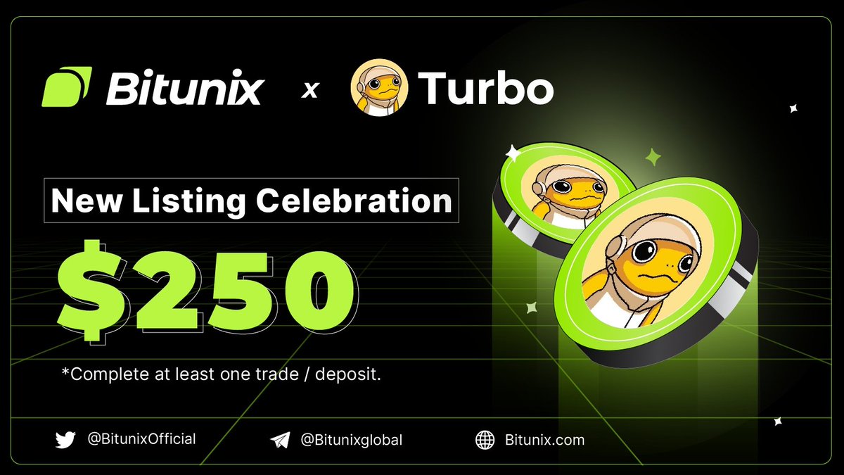 Let's Celebrate $TURBO listing on #Bitunix!

We are giving away $250!

To enter:

✅Follow <a href="/BitunixOfficial/">Bitunix</a> &amp; <a href="/TurboToadToken/">Turbo 🐸</a>

✅Like + RT + Tag 2 Friends

✅Comment #BitunixTURBO