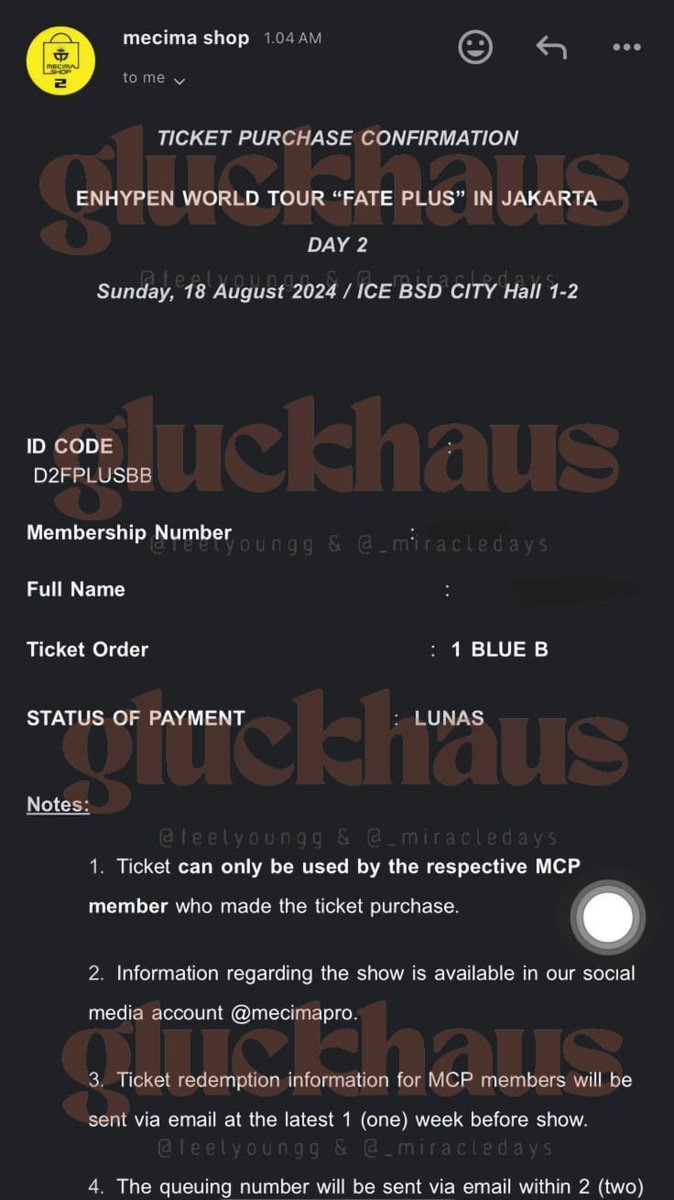 feelyoungg's tweet photo. Ticket purchase confirmation - Enhypen World Tour 2024 Fate Plus in Jakarta

☑️ Day 2 kategori Blue https://t.co/bt18amLYtp