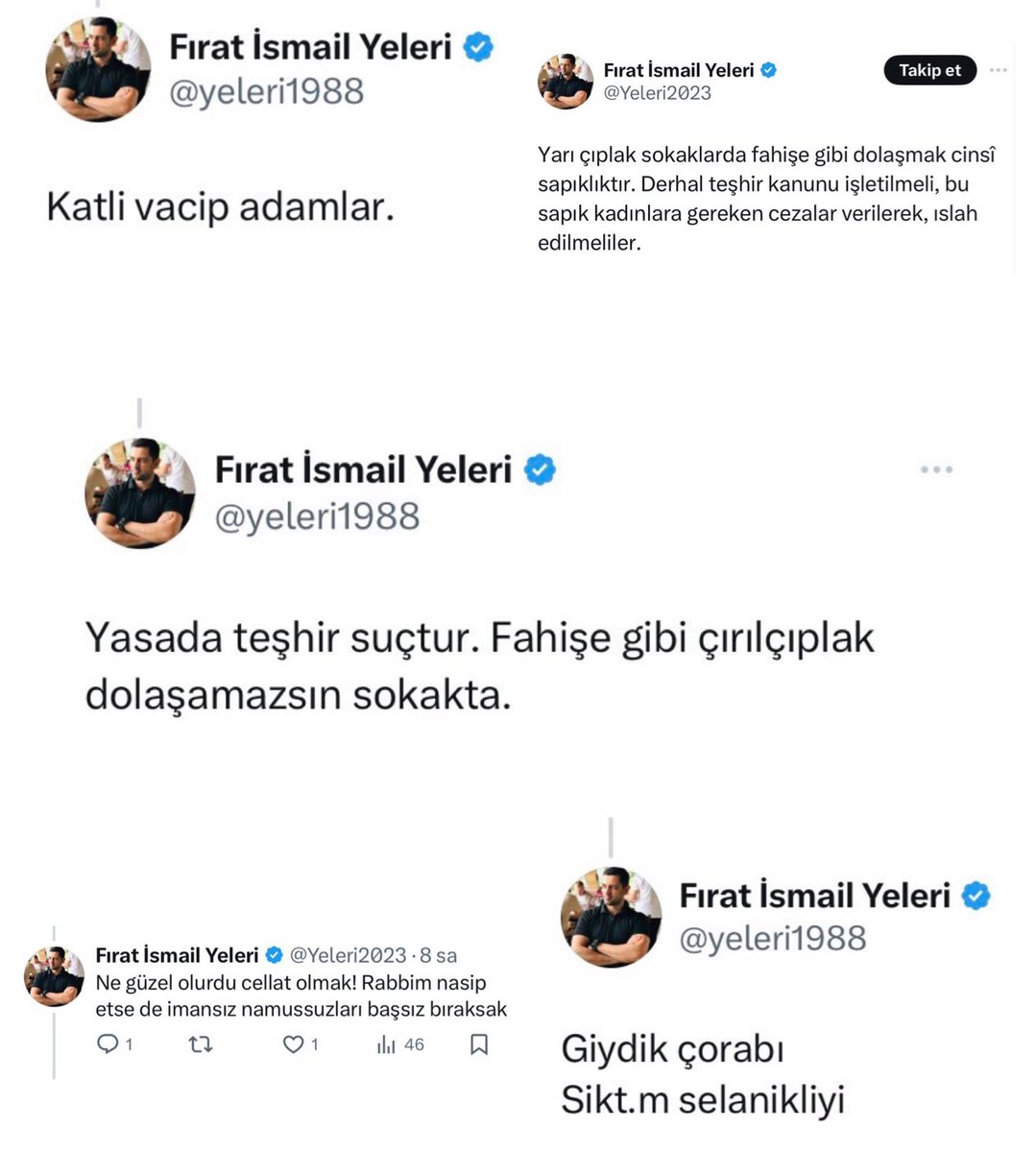 EzgiYiilmaz's tweet photo. Bu ismi hiç unutmayın: Fırat İsmail Yeleri

MUSTAFA KEMAL ATATÜRK'le alakalı hakaret twitini silip hesabını gizliye aldı. Falat diğer paylaşımlarına bakın!! Türklüğe , Mustafa Kemal Atatürk 'e kin kusuyor. Kendi giyim tarzına uymayan kadınları "fahişe"olaral değerlendirip "kafa kesilmeli" diyor. Bu varlık @OpetTr de çalışıyor. Gereğini yapacak mısınız? Yoksa istediğiniz sistem tam da bu mu? Lütfen elden ele bir zahmet
@EmniyetGM
@AliYerlikaya 
@TC_icisleri