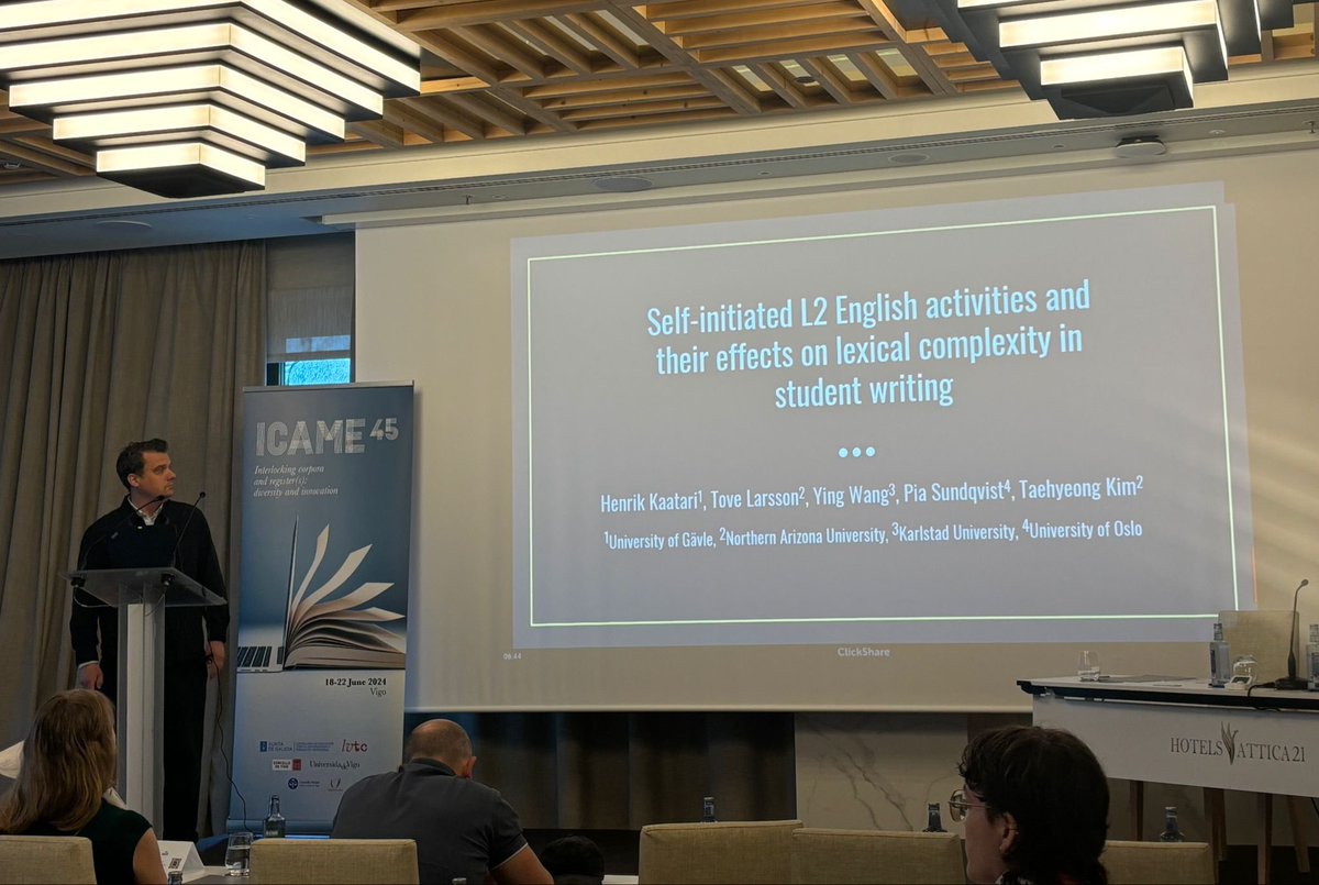 ICAME45 (@icame45vigo) on Twitter photo Henrik Kaatari is currently presenting his research, carried out along with colleges Tove Larsson, Ying Wang, Pia Sundqvist & Taehyeong Kim, in a talk entitled “Self-initiated L2 English activities and their effects on lexical complexity in student writing.” #ICAME45 Henrik Kaatari is currently presenting his research, carried out along with colleges Tove Larsson, Ying Wang, Pia Sundqvist & Taehyeong Kim, in a talk entitled “Self-initiated L2 English activities and their effects on lexical complexity in student writing.” #ICAME45