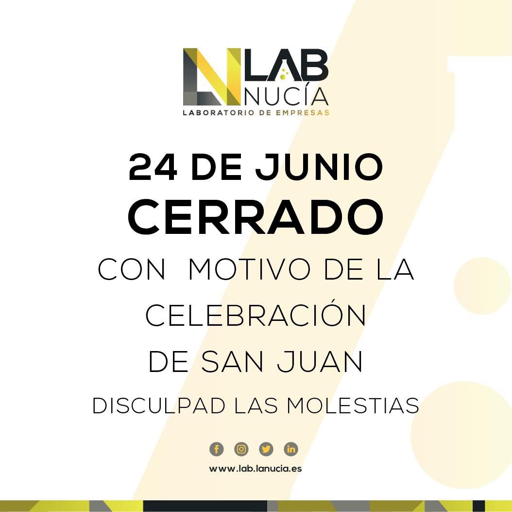 ⚠️Os informamos de que el próximo lunes 24 de junio el Lab_Nucia permanecerá cerrado con motivo de la celebración de San Juan. 

Disculpad las molestias

#MadeByLaNucia
