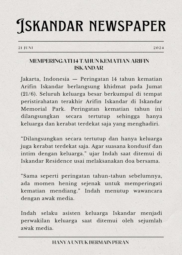 ⠀
⠀⠀⠀𝐈𝐒𝐊𝐀𝐍𝐃𝐀𝐑 𝐍𝐄𝐖𝐒𝐏𝐀𝐏𝐄𝐑 : 
⠀⠀⠀𝐌𝐄𝐌𝐏𝐄𝐑𝐈𝐍𝐆𝐀𝐓𝐈 𝟏𝟒 𝐓𝐀𝐇𝐔𝐍
⠀⠀⠀𝐊𝐄𝐌𝐀𝐓𝐈𝐀𝐍 𝐀𝐑𝐈𝐅𝐈𝐍 𝐈𝐒𝐊𝐀𝐍𝐃𝐀𝐑 
⠀