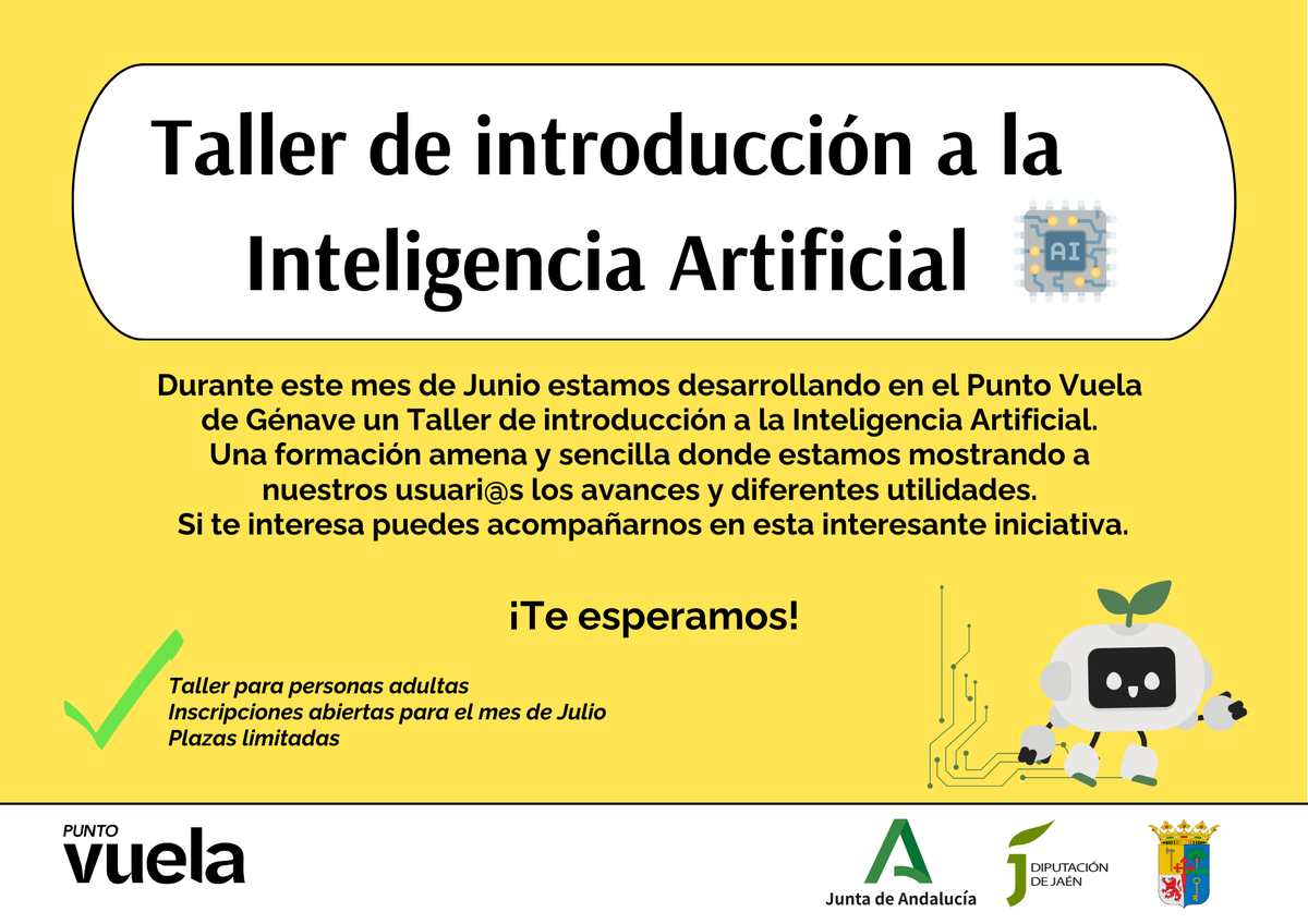 Desarollamos un Taller de introducción a la Inteligencia Artificial.
Una formación amena y sencilla donde estamos mostrando a nuestros usuari@s los avances y diferentes utilidades.
Si te interesa puedes acompañarnos. <a href="/AndaluciaVuela/">Andalucía Vuela</a>  @consorciofr #ia #tecnología