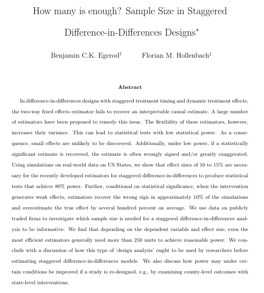 BCEgerod's tweet image. How much data do you need to conduct an informative staggered diff-in-diff? In our new working paper @fhollenbach and I simulate the power of #DiD estimators, and find that you might need *a lot*, even to detect large effects. We also provide suggestions for improving power 1/