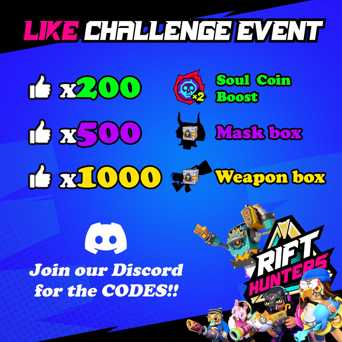braveturtlesinc's tweet photo. 🎉 Rift Hunters Like Challenge! 🎉

Reach these milestones to unlock awesome rewards: 
Like, share, and stay tuned for redeem codes! 

Play and Like Rift Hunters: https://t.co/00zcv3wYbM
Join our Discord for more info: https://t.co/gJjwXDAhSM

#RiftHunters #LikeChallenge #Roblox https://t.co/tqeeeDzu7b