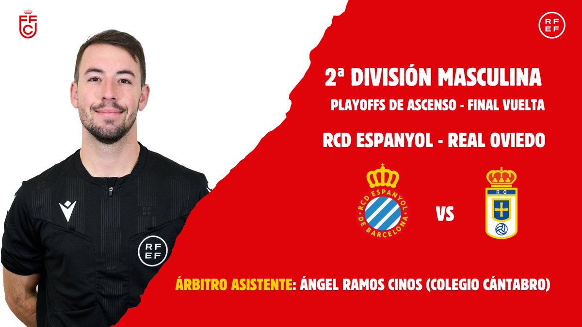 🔝Tras dar el salto al fútbol profesional, 𝐀́𝐧𝐠𝐞𝐥 𝐑𝐚𝐦𝐨𝐬 𝐂𝐢𝐧𝐨𝐬 cerrará la temporada siendo uno de los árbitros asistentes de la vuelta de la final de los playoffs de ascenso a 𝐏𝐫𝐢𝐦𝐞𝐫𝐚 𝐃𝐢𝐯𝐢𝐬𝐢𝐨́𝐧.

👏No hay mejor cierre para una temporada tan especial