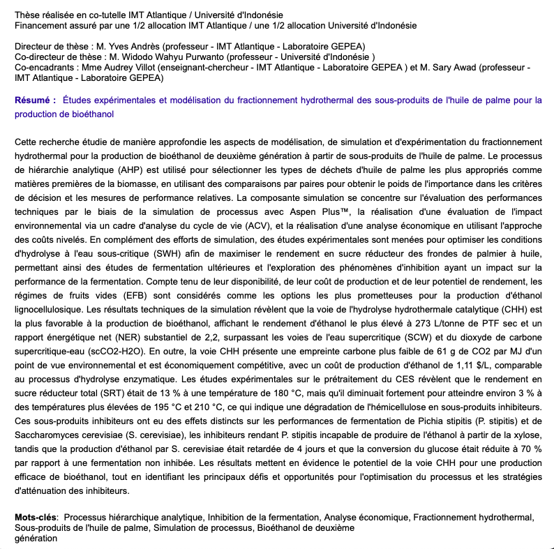 M. Hasbi Priadi (DSEE - doctorant <a href="/LaboGEPEA/">GEPEA</a> <a href="/IMTAtlantique/">IMT Atlantique</a>   équipe VERTE) soutiendra sa thèse : "Fractionnement hydrothermal des sous-produits de l'huile de palme, le 26 juin 2024 à 9h - à l'Université d'Indonésie - département de Génie chimique. #PhD
