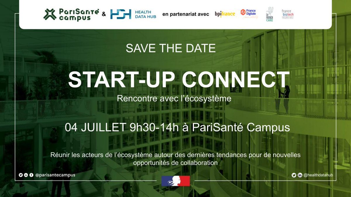Health Data Hub (@healthdatahub) on Twitter photo 📢 A vos agendas ! Rendez-vous le 4 juillet dès 9h à <a href="/PariSanteCampus/">PariSanté Campus</a> ou en ligne pour la 2e édition de “Start-up Connect : Rencontre avec l'écosystème”, pour échanger sur l’utilisation secondaire des données de santé, événement organisé conjointement par le Health Data Hub et 📢 A vos agendas ! Rendez-vous le 4 juillet dès 9h à <a href="/PariSanteCampus/">PariSanté Campus</a> ou en ligne pour la 2e édition de “Start-up Connect : Rencontre avec l'écosystème”, pour échanger sur l’utilisation secondaire des données de santé, événement organisé conjointement par le Health Data Hub et