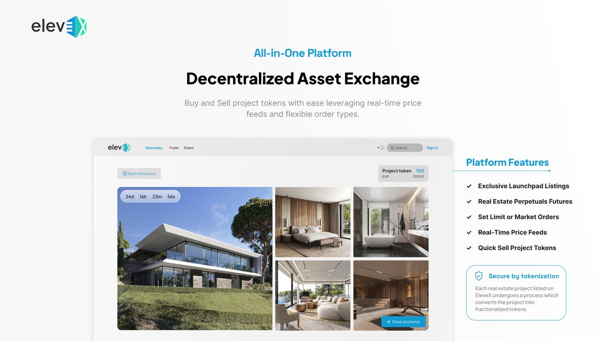 elevexai's tweet photo. Introducing EleveX: The Decentralized Asset Exchange for #RealEstate projects! 🏠

Trade ownership in rentals, renovations, off-plan, and more with ease and freedom for the first time ever.

Enjoy instant liquidity and make property trading decisions that suit your needs. 💼💰

The real question is, why has it taken so long to create decentralized trading markets for the largest market in the world? 🤔