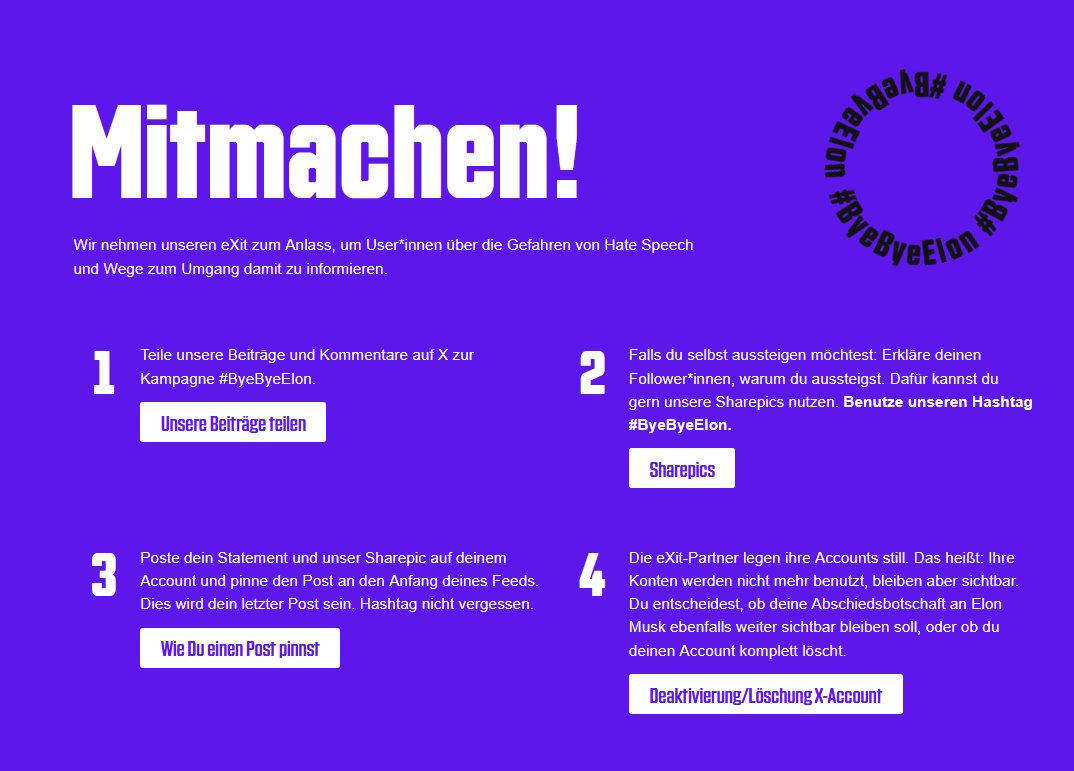 Aus Protest gegen zunehmende Hassrede stellen 49 Organisationen aus den Bereichen Umwelt, Menschenrechte,  Soziales, Gesundheit und Landwirtschaft in dieser Woche ihre Aktivitäten auf der Plattform X ein. #ByeByeElon

Mehr: byebyeelon.de/#mitmachen