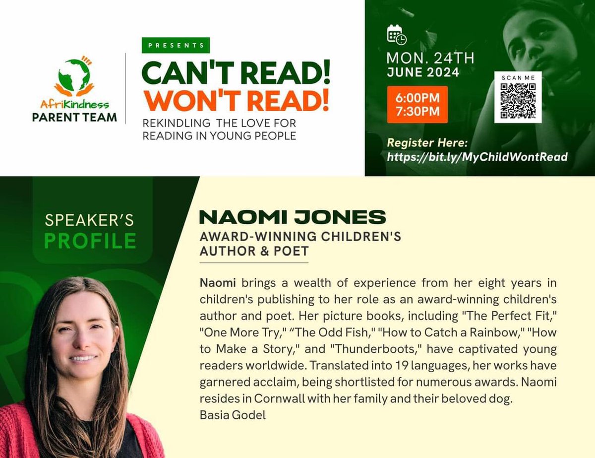 afrikindness's tweet image. 📚✨ Can't Read! Won't Read - Rekindling the Love of #Reading in Young People ✨📚

🗓️ Date: Monday, 24th June 
⏰ Time: 6:00 pm – 7:30 pm

Check out the amazing lineup of #speakers joining us for this insightful parent talk.

Register here:- bit.ly/MyChildWontRead