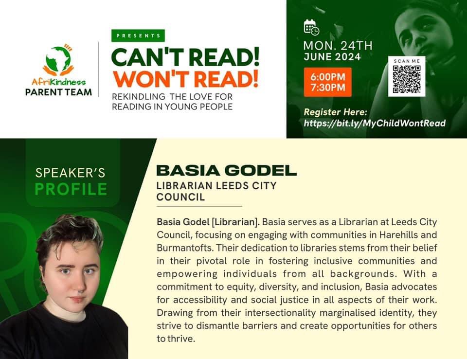 afrikindness's tweet image. 📚✨ Can't Read! Won't Read - Rekindling the Love of #Reading in Young People ✨📚

🗓️ Date: Monday, 24th June 
⏰ Time: 6:00 pm – 7:30 pm

Check out the amazing lineup of #speakers joining us for this insightful parent talk.

Register here:- bit.ly/MyChildWontRead
