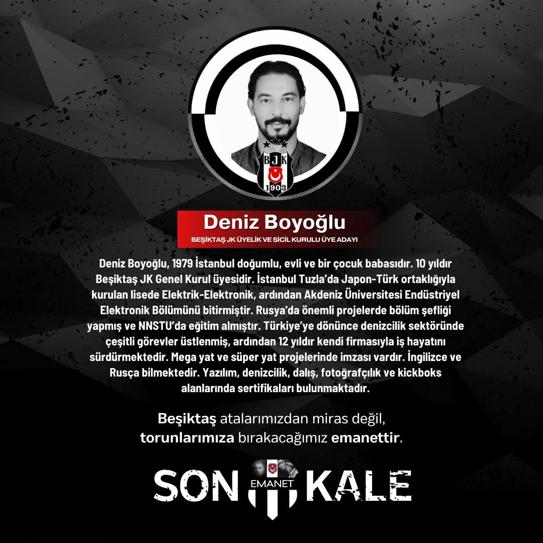 Beşiktaş JK Üyelik ve Sicil Kurulu Üye Adayı: Deniz Boyoğlu

Deniz Boyoğlu, 1979 İstanbul doğumlu, evli ve bir çocuk babasıdır. 10 yıldır Beşiktaş JK Genel Kurul üyesidir. Akdeniz Üniversitesi Endüstriyel Elektronik Bölümünü bitirmiştir. 

#SevdanızBizeEmanet #SonKale