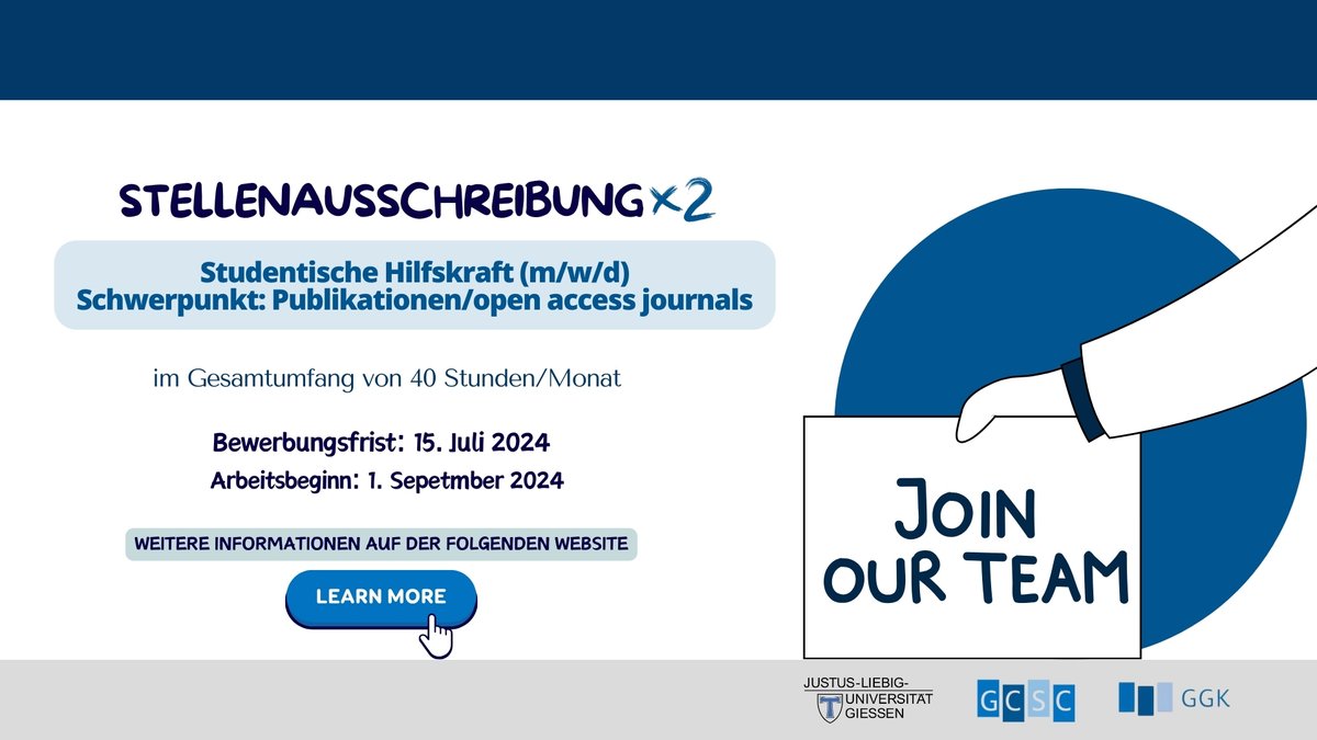 GCSC der JLU (@gcsc_jlu) on Twitter photo 🚨 #JobAlert: Das #GCSC bietet 2 #Stellen für #StudentischeHilfskräfte mit dem Schwerpunkt #Publikationen/#OpenAccess Journals an. Weitere Infos und Bewerbung auf unserer Website 👉 uni-giessen.de/de/ueber-uns/k…
<a href="/jlugiessen/">Universität Gießen</a> #jlugiessen #StudentJob #GCSCteam 🚨 #JobAlert: Das #GCSC bietet 2 #Stellen für #StudentischeHilfskräfte mit dem Schwerpunkt #Publikationen/#OpenAccess Journals an. Weitere Infos und Bewerbung auf unserer Website 👉 uni-giessen.de/de/ueber-uns/k…
<a href="/jlugiessen/">Universität Gießen</a> #jlugiessen #StudentJob #GCSCteam