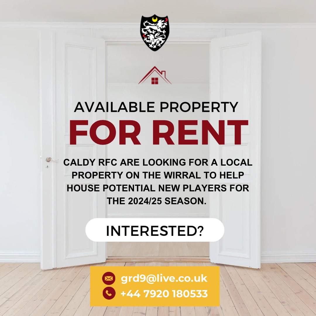 𝗛𝗼𝘁 𝗣𝗿𝗼𝗽𝗲𝗿𝘁𝘆 🏠

<a href="/caldyrfc/">Caldy RFC</a> are looking for a potential property on the Wirral to potentially house new players for the upcoming 2024/25 <a href="/champrugby/">Champ Rugby</a> season.

If you are interested, get in touch:
📧 grd9@live.co.uk
📞 07920 180533

#Ravers #JointheJourney