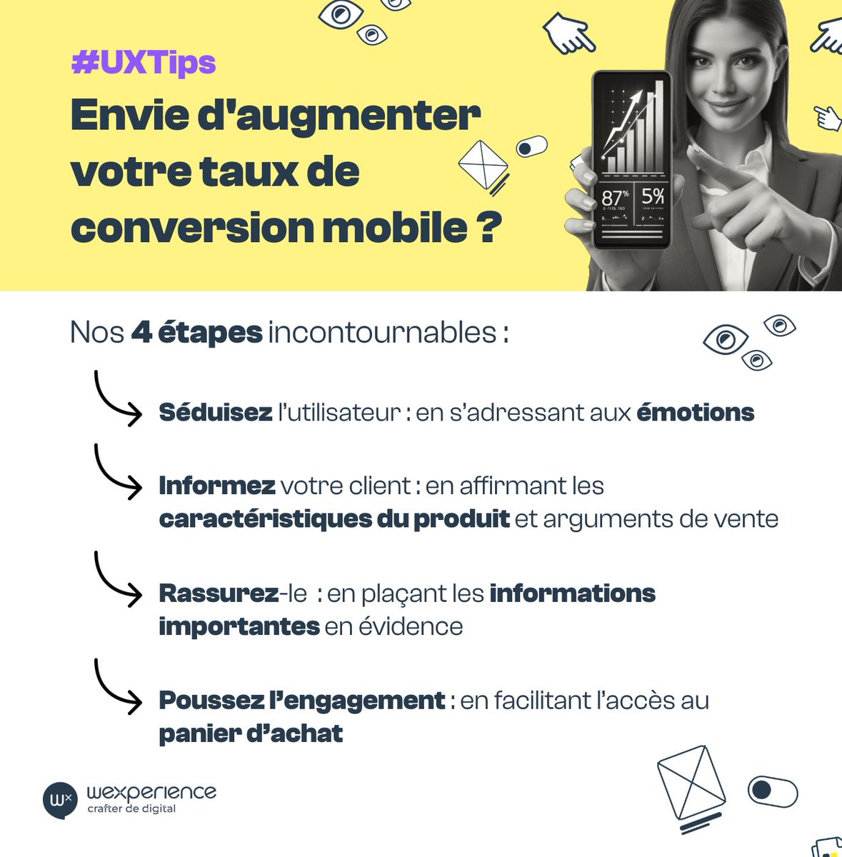 Wexperience's tweet image. 📈Envie d’augmenter votre taux de conversion mobile ? Travaillez votre fiche produit ! Séduire, informer, rassurer, engager : découvrez le détail de chaque étape en cliquant sur le lien ci-dessous !👇
bit.ly/4etPATL
#ConversionMobile #UXTips