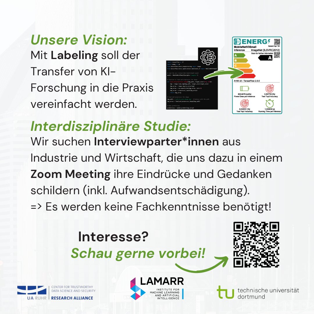 📣 Interviewpartner*innen gesucht 📣 
Für eine Studie zur "Nützlichkeit von #KI-Labeling"  suchen wir Personen aus Industrie und Wirtschaft, die KI-Produkte entwickeln 👨‍💻 Mehr Infos: QR-Code scannen oder lamarr.cs.tu-dortmund.de/ml-label-inter… besuchen - bitte gerne teilen! 🤝