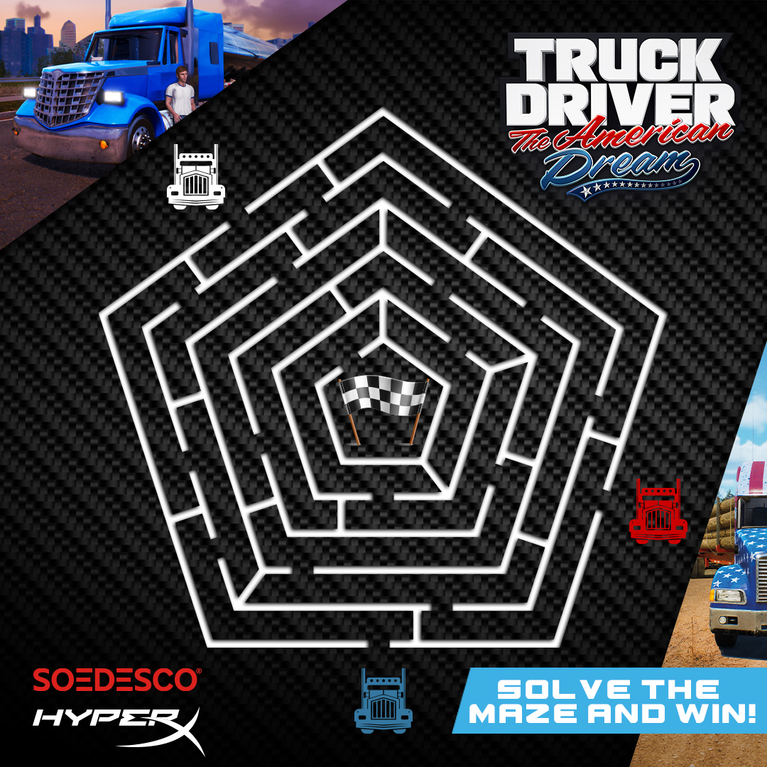 📢 GIVEAWAY TIME, TRUCKERS!! Get the chance to WIN:

🎧 Cloud Stinger for #Xbox from <a href="/HyperX/">HyperX</a>
🚚🇺🇸 #TruckDriver: The American Dream - Physical copy.

You just need to:
🔹 Follow <a href="/SOEDESCO/">SOΞDΞSCO</a> &amp; RT this post
🔹And the best one: SOLVE THE MAZE! Which truck follows the right path? ⤵️
