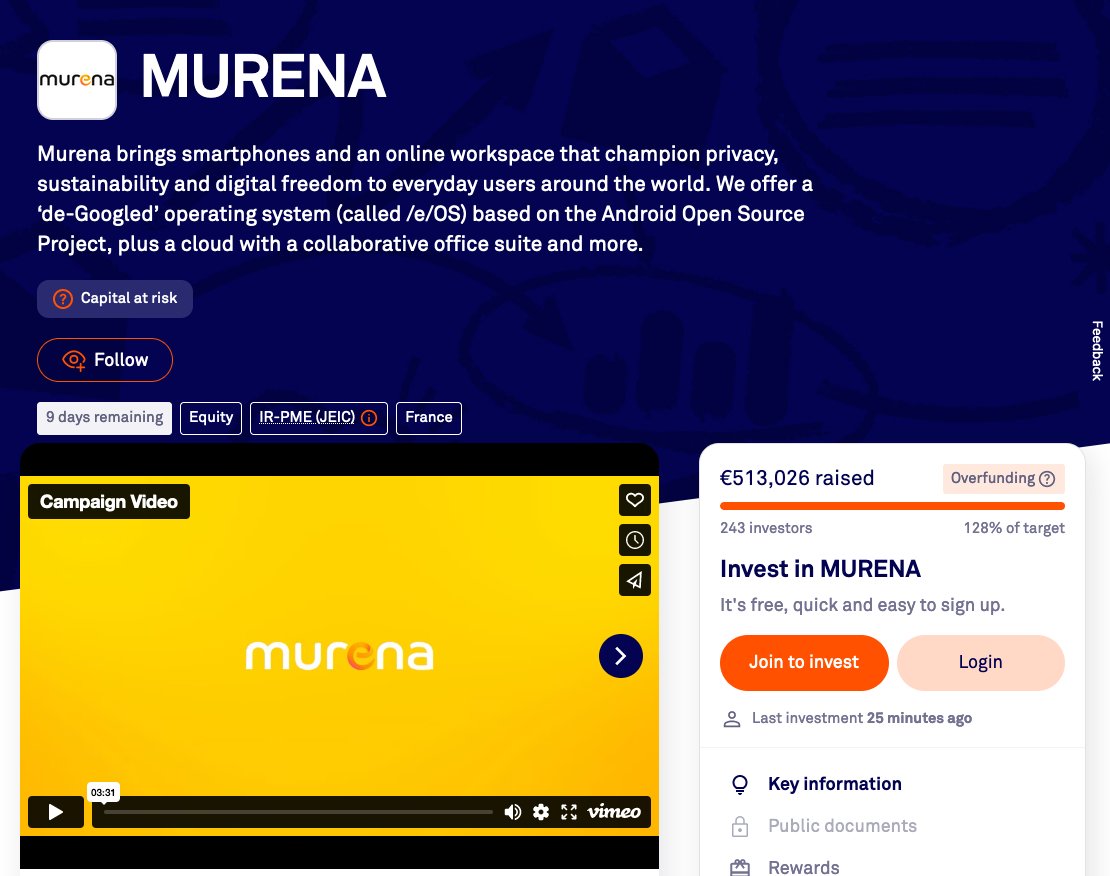 The campaign is live on Crowdcube! (link in comments👇👇👇)

Do you believe in a better, more ethical mobile ecosystem? ethical AI? Do you believe in digital freedom? 🕊️

Join us in our journey to a better tech industry: own a part of Murena! 🌟

Share to friends and family! 🙏