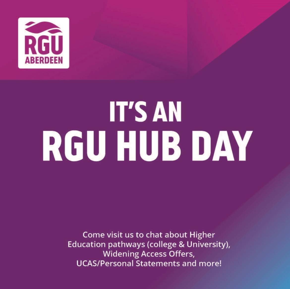 It's our final Hub week before the summer holidays.🌞

Why not come by and say Hi to your RGU Link?☺️

@PeterheadAca <a href="/BanffAcademyBXA/">Banff Academy</a> <a href="/hazleheadacad/">Hazlehead Academy</a> <a href="/harlaw_academy/">Harlaw Academy</a> <a href="/CultsAcademy/">Cults Academy</a> <a href="/oldmachar/">Oldmachar Academy</a> <a href="/KemnayAcademy/">Kemnay Academy</a>