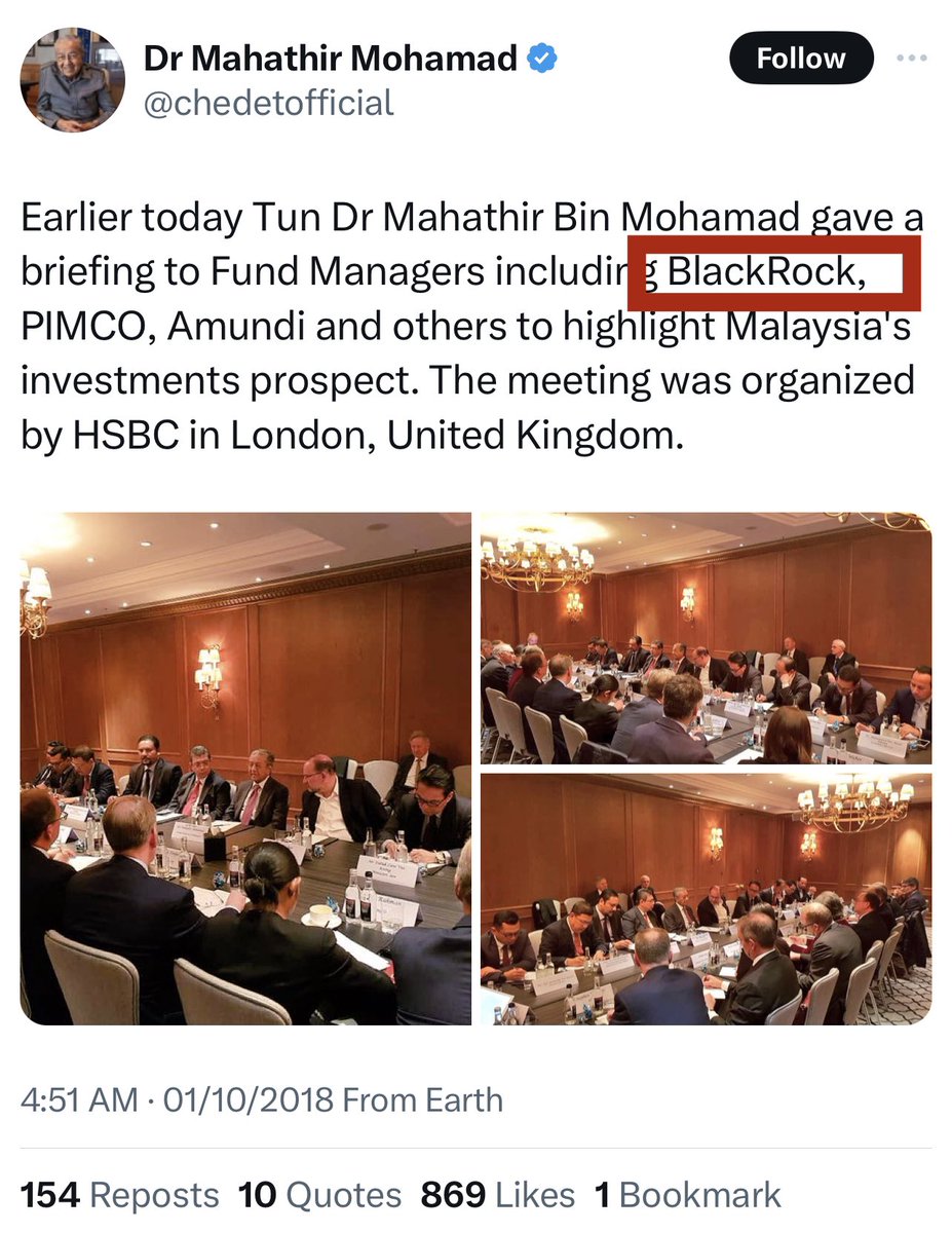 liyana_marzuki's tweet photo. 2018, PM7 jumpa Blackrock mintak depa masuk melabur dalam Malaysia. 

2024, dah depa nak melabur, dia tanya kenapa bagi Blackrock masuk dalam negara? 

Memang benar. Melayu mudah lupa. https://t.co/cBZ4cBuaKq