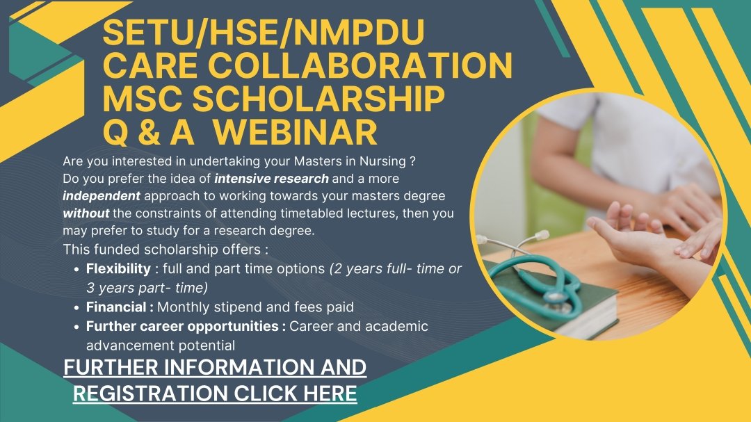 Tracey Dermody (@traceydermody) on Twitter photo SETU/HSE/NMPDU
MSc Funded Opportunities - we are recruiting 2 nursing/midwifery/public health nurse postgraduate students to undertake an MSc research degree.  
Click on this link to register for our  Q&A session: events.teams.microsoft.com/event/3ef69dc6… SETU/HSE/NMPDU
MSc Funded Opportunities - we are recruiting 2 nursing/midwifery/public health nurse postgraduate students to undertake an MSc research degree.  
Click on this link to register for our  Q&A session: events.teams.microsoft.com/event/3ef69dc6…