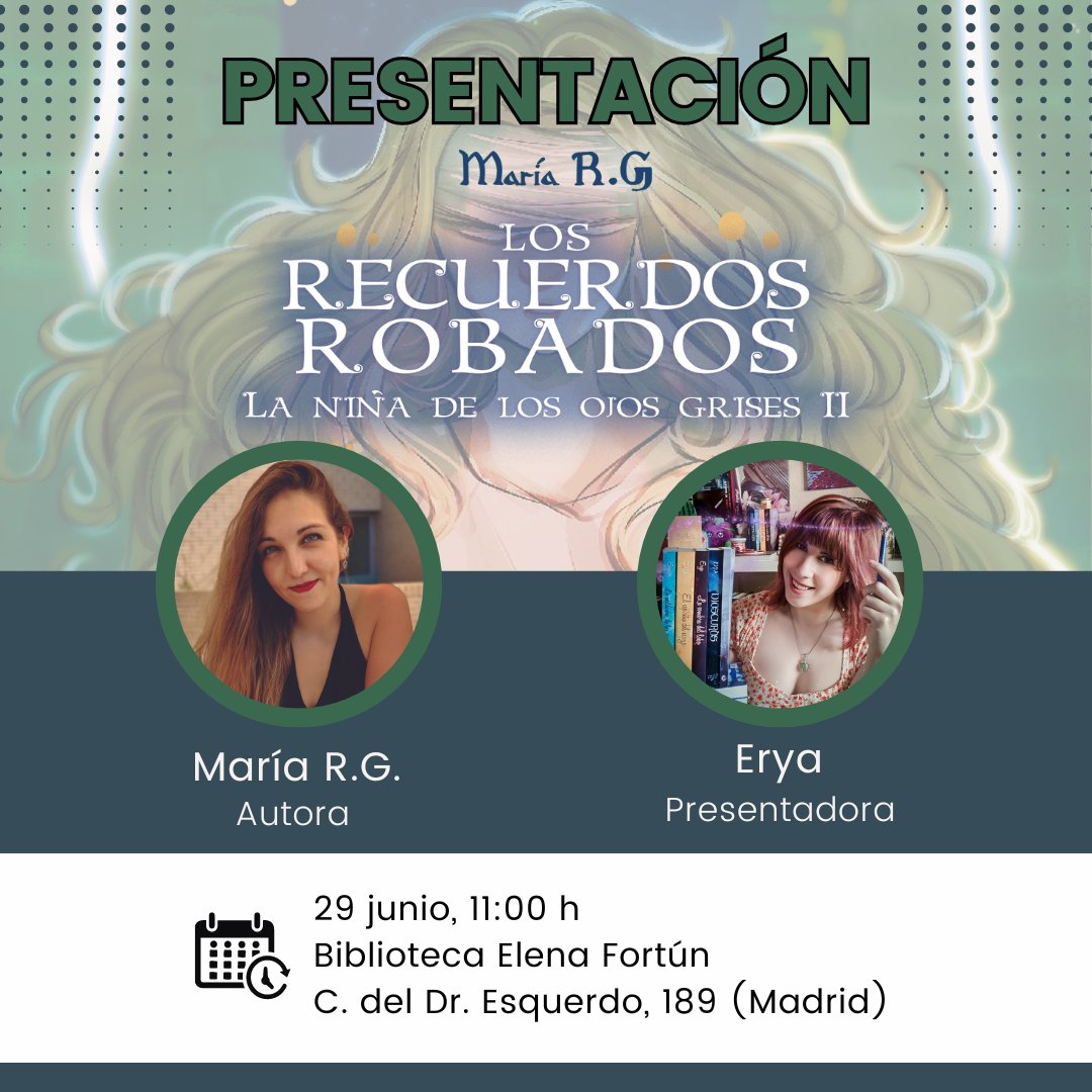 📚PRESENTACIÓN📚
El próximo 29 de junio a las 11:00 María R.G. (<a href="/MariaRGwriter/">María R. G. 🌑 ¡Vuelve La ciudad escondida!</a>) y Erya (<a href="/eryaescribe/">☆ ℰ𝓇𝓎𝒶 ☆</a>) charlaran, sin spoilers, de #LosRecuerdosRobados en la biblioteca Elena Fortún. ¡También habrá firma de ejemplares!
¿Te vienes?