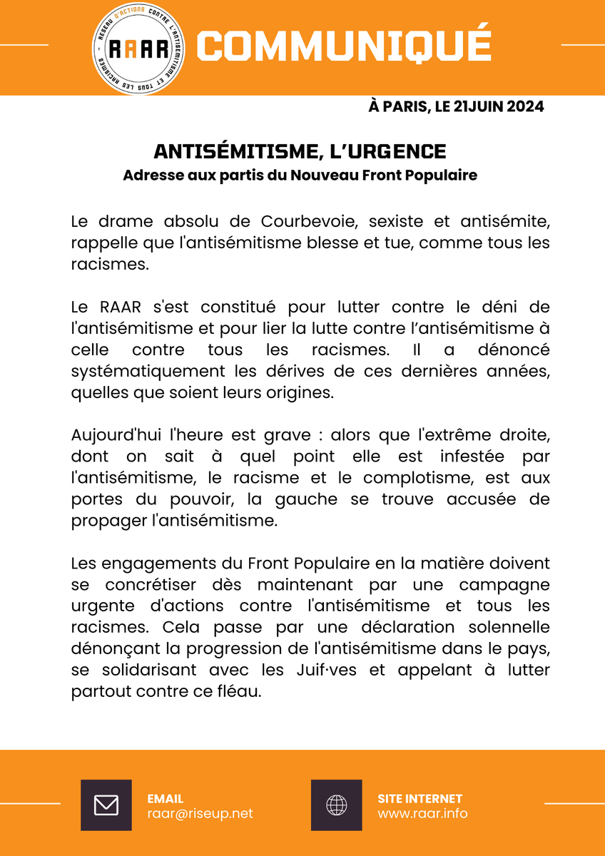 RAAR2021's tweet photo. Urgence antisémitisme 
Le @RAAR2021 interpelle les partis du #NouveauFrontPopulaire et demande des actions concrètes contre l'#antisémitisme et tous les #racismes.
@EELV @FranceInsoumise @PCF @partisocialiste
https://t.co/GmM1PZnxpk https://t.co/oQX65zRJXE