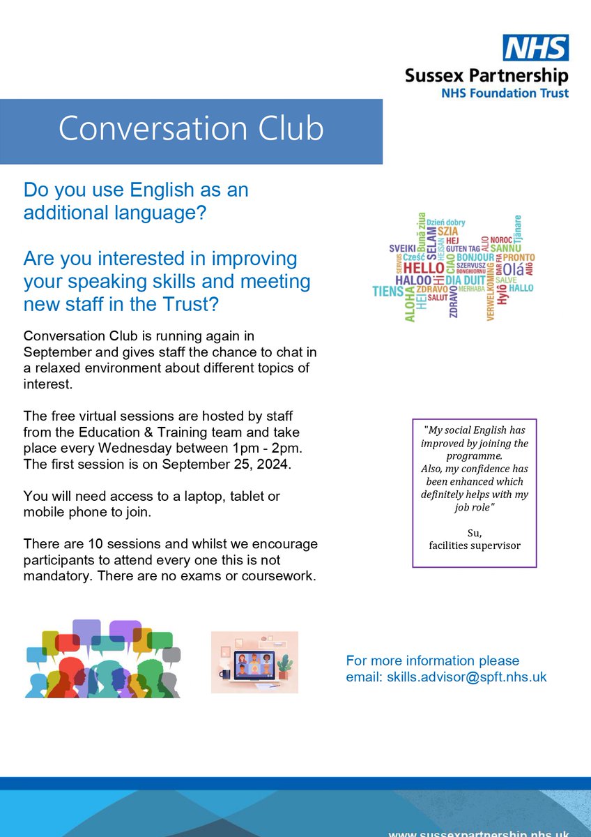 SPFT_Functional_Skills (@spft_funcskills) on Twitter photo Do you use #English as an additional language? If you'd like to improve your speaking skills and meet new staff at the same time then come and join our #Conversation Club in September. We cover different topics in our friendly, virtual sessions. skills.advisor@spft.nhs.uk Do you use #English as an additional language? If you'd like to improve your speaking skills and meet new staff at the same time then come and join our #Conversation Club in September. We cover different topics in our friendly, virtual sessions. skills.advisor@spft.nhs.uk