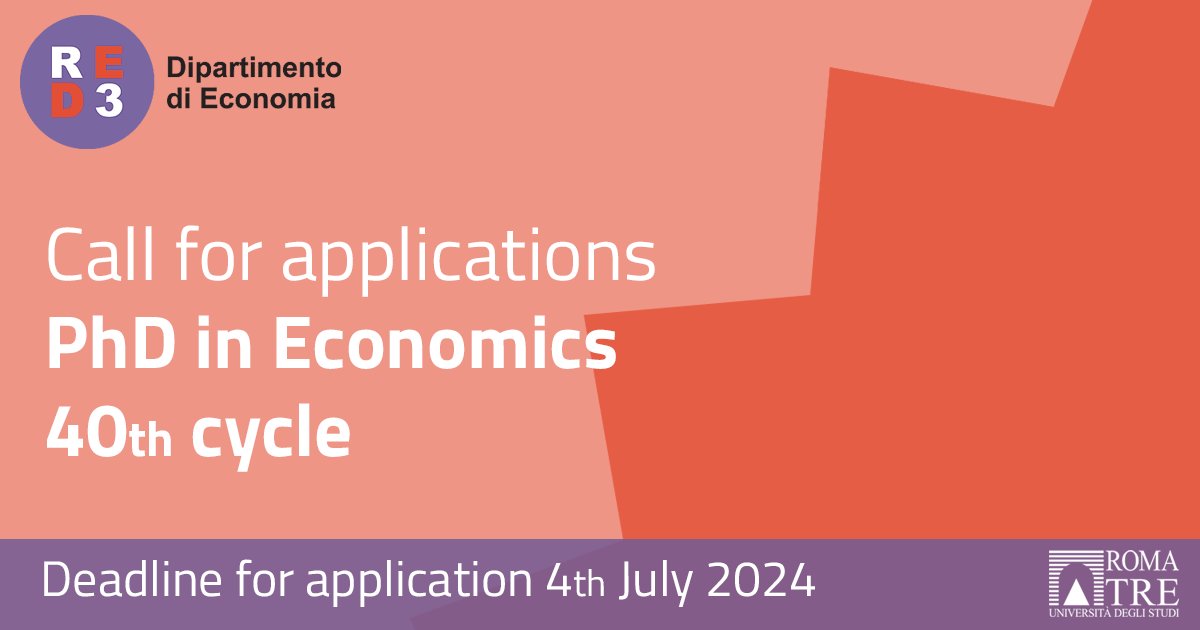 📢 CALL FOR APPLICATIONS - PhD in Economics - 40th cycle

🗞 The Department of Economics is opening 9 positions with a fellowship (of which 2 on specific topics and 2 reserved for winners of international programmes) and 2 positions without a fellowship.