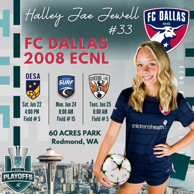📍ECNL Seattle!! 
Can’t wait to be back at nationals for the second year in a row! Come out and watch my team and I play! 
<a href="/ImYouthSoccer/">ECNL/GA/Recruiting/College Soccer</a> <a href="/TheSoccerWire/">SoccerWire</a> <a href="/PrepSoccer/">Prep Soccer ⚽️</a> <a href="/TopDrawerSoccer/">TopDrawerSoccer</a> @FCDwomen <a href="/FCDallas08gECNL/">FC Dallas 2008G ECNL (U19)</a> #dtid