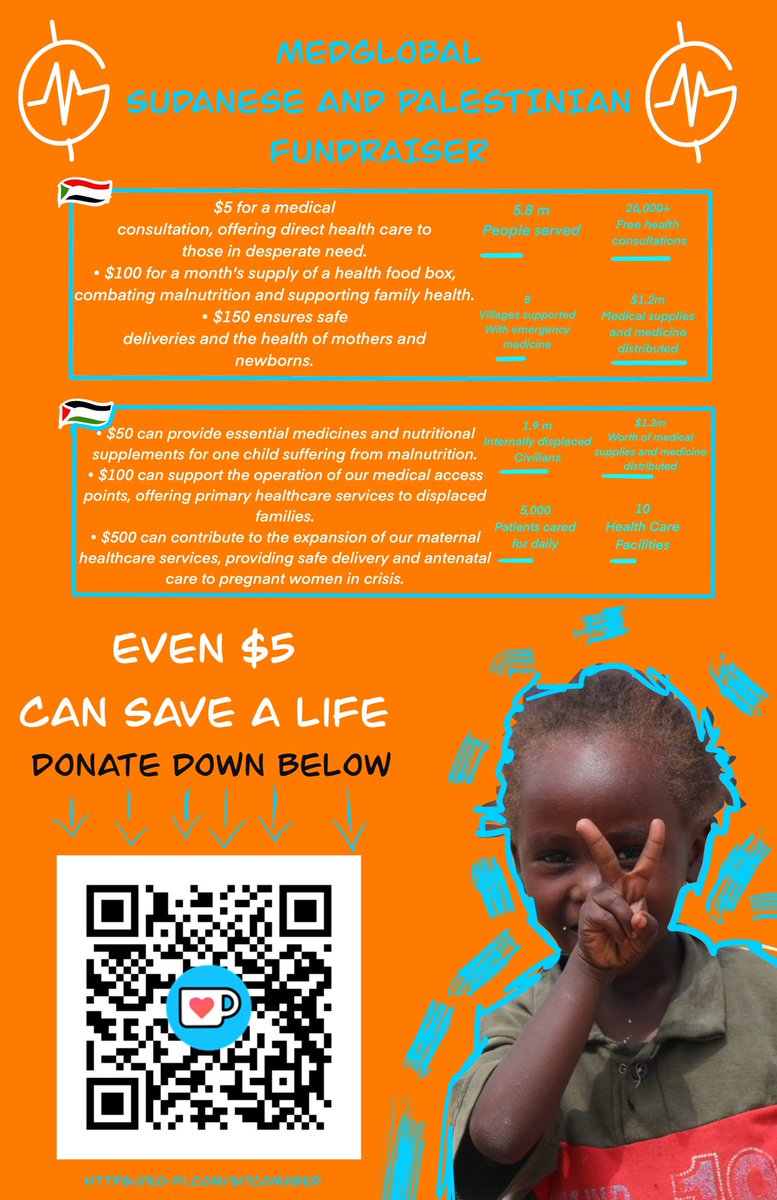 SUDANESE AND PALESTINIAN MEDGLOBAL FUNDRAISER POSTER!! SAVE, REPOST, SHARE AND DONATE!!
Scan the QR code or go to the website down below it! We’ve raised 10,000 for both Sudan and Palestine over the past 4 months and we are now aiming to hit $15,000 help us save lives!!!