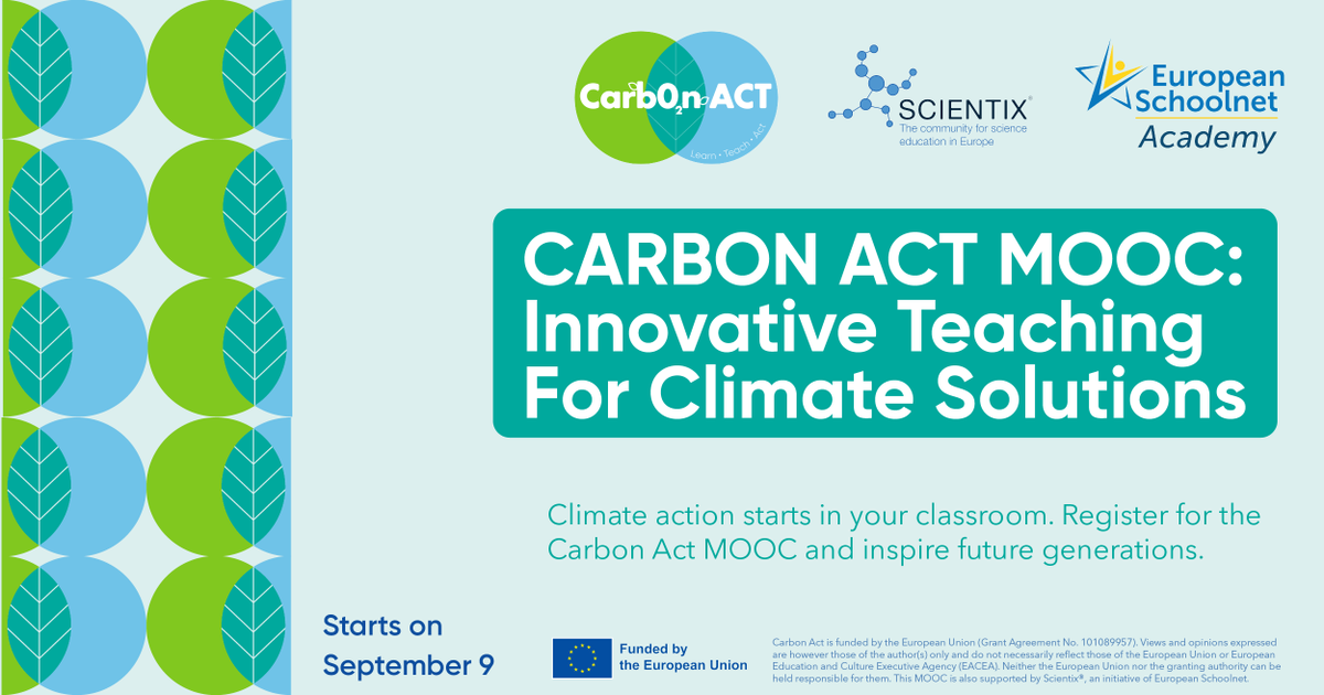 scientix_eu's tweet photo. ⏰🏫 Addressing #climatechange starts in the classroom. Don’t miss the #CarbonActMOOC at @eu_schoolnet Academy. Gain essential tools to educate students on this critical matter. Enrol for free now! Course starts Sept 9: https://t.co/KW5dAZxXLi #ClimateEducation @EUErasmusPlus https://t.co/hLeuVebdES