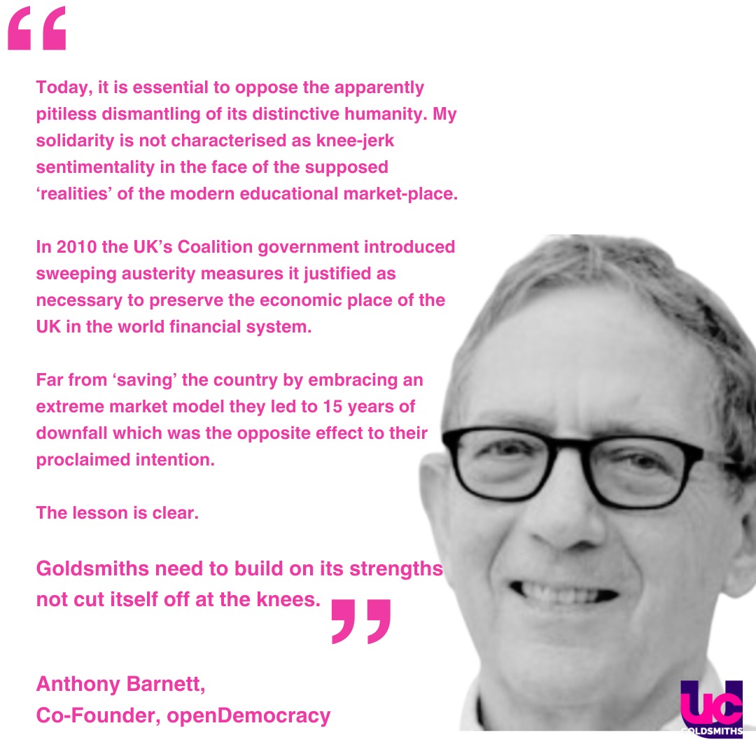 “Goldsmiths needs to build on its strengths not cut itself off at the knees”

We couldn’t agree more! Powerful words of solidarity against these senseless cuts from openDemocracy co-founder <a href="/AnthonyBarnett/">Anthony Barnett</a> 💪

#NotADoneDeal <a href="/GoldsmithsUoL/">Goldsmiths, University of London</a>