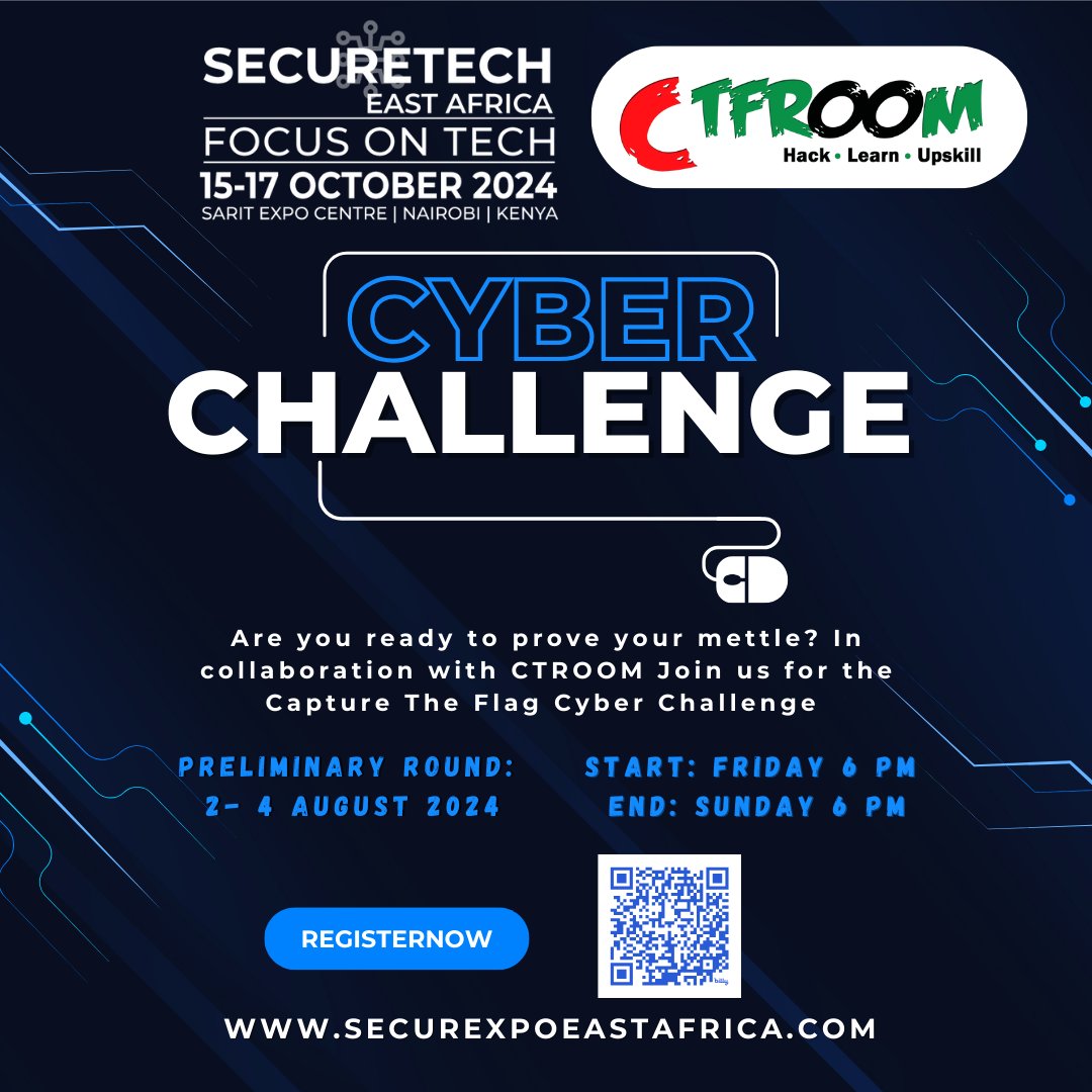 Securetech East Africa, co-located with Securexpo East Africa, is excited to announce the CTF Cyber Challenge in collaboration with <a href="/CTF_Room/">CTFRoom</a>
Join us for an intense hacking showdown and put your skills to the test! Reg here eu1.hubs.ly/H09Pv-K0.