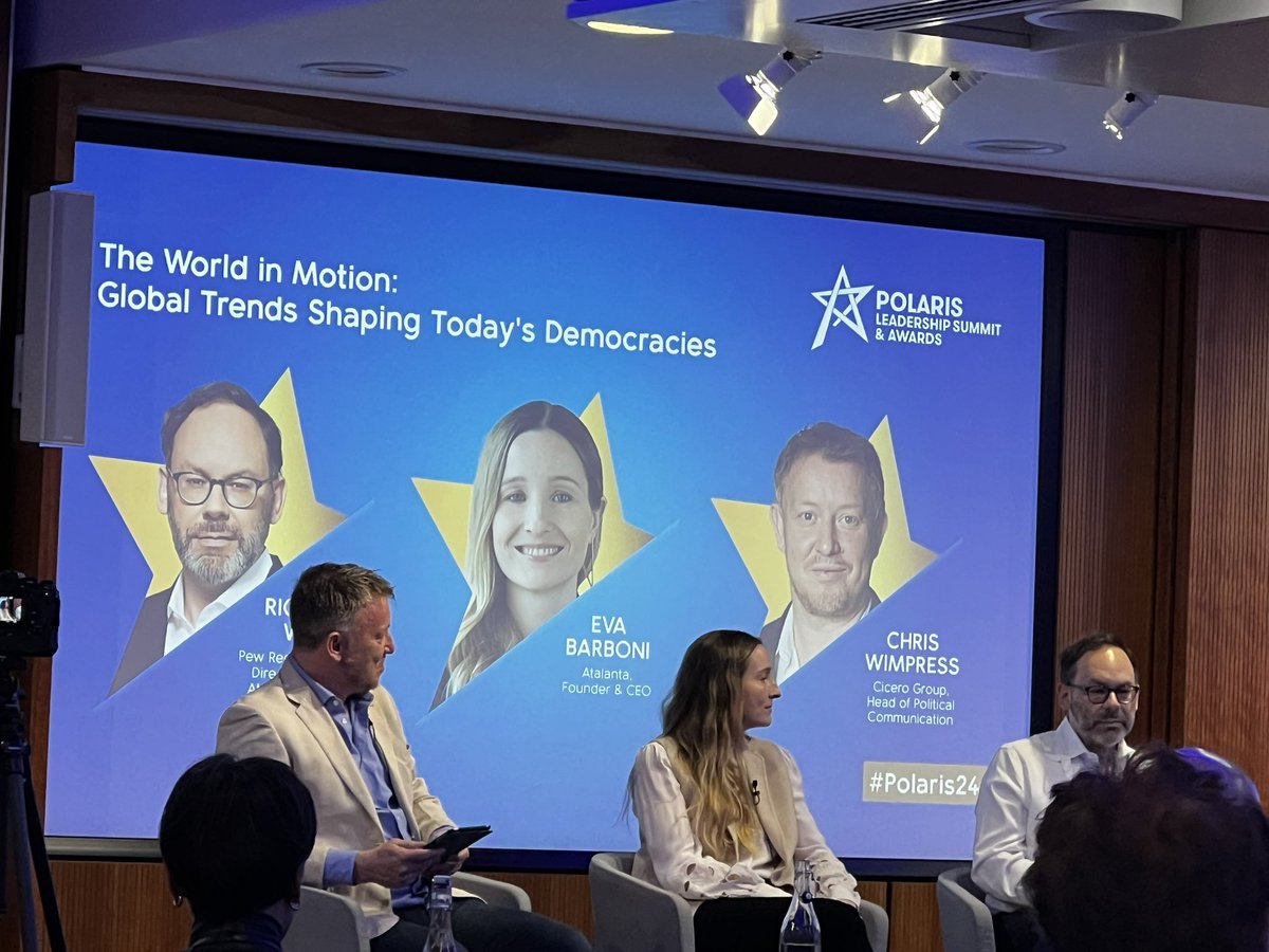 NecatiOzkan's tweet image. @polaris_awards #Polaris24 started with the first session - The World In Motion: Global Trends Shaping Today’s Democracies. @RichardWike from pee Researce Institute @EvaBarboni from Atalanta @ChrisWimpress from Cicero Group.