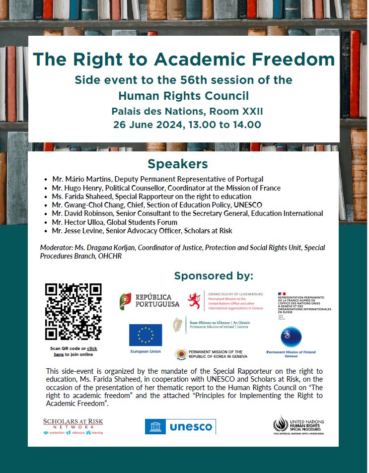 EU at the UN - Geneva #MultilateralismMatters (@eu_ungeneva) on Twitter photo Academic freedom is at the heart of scientific progress and essential to countering local to global crises. Join us on 26 June for a #HRC56 debate w <a href="/UNSR_Education/">UNSR_Education</a> <a href="/ScholarsAtRisk/">Scholars At Risk</a> <a href="/PTMissionGeneva/">Mission of Portugal in Geneva</a> <a href="/FranceONUGeneve/">France ONU Genève 🇫🇷🇺🇳</a> <a href="/FinlandGeneva/">Finland in Geneva 🇫🇮</a> <a href="/IBE_UNESCO/">UNESCO-IBE</a> <a href="/eduint/">Education International</a> <a href="/GlobalStuForum/">Global Student Forum</a> Academic freedom is at the heart of scientific progress and essential to countering local to global crises. Join us on 26 June for a #HRC56 debate w <a href="/UNSR_Education/">UNSR_Education</a> <a href="/ScholarsAtRisk/">Scholars At Risk</a> <a href="/PTMissionGeneva/">Mission of Portugal in Geneva</a> <a href="/FranceONUGeneve/">France ONU Genève 🇫🇷🇺🇳</a> <a href="/FinlandGeneva/">Finland in Geneva 🇫🇮</a> <a href="/IBE_UNESCO/">UNESCO-IBE</a> <a href="/eduint/">Education International</a> <a href="/GlobalStuForum/">Global Student Forum</a>