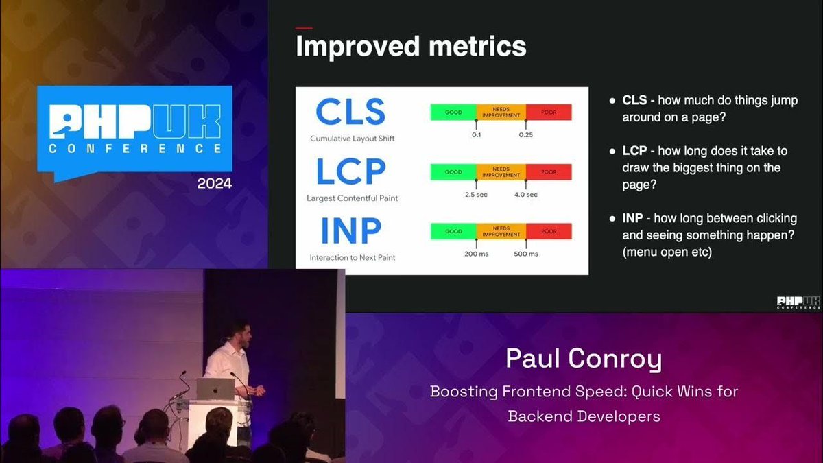 PHPUKConference's tweet image. Presented by @conroyp at #phpuk24, learn how backend devs can boost frontend speed in &apos;Boosting Frontend Speed: Quick Wins for Backend Developers&apos;! 

Explore easy-to-implement tactics for enhanced website performance. 
#php #php   

Watch now: buff.ly/4bcbhpk