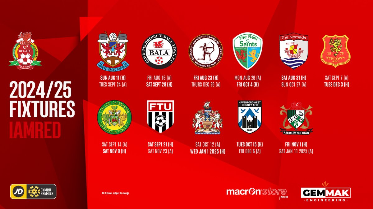 Here we go Reds…our first ever #JDCymruPremier phase one fixtures. New teams, new grounds, new challenge. 
We can’t wait to kick off the new season. 
 #IAmRed #History