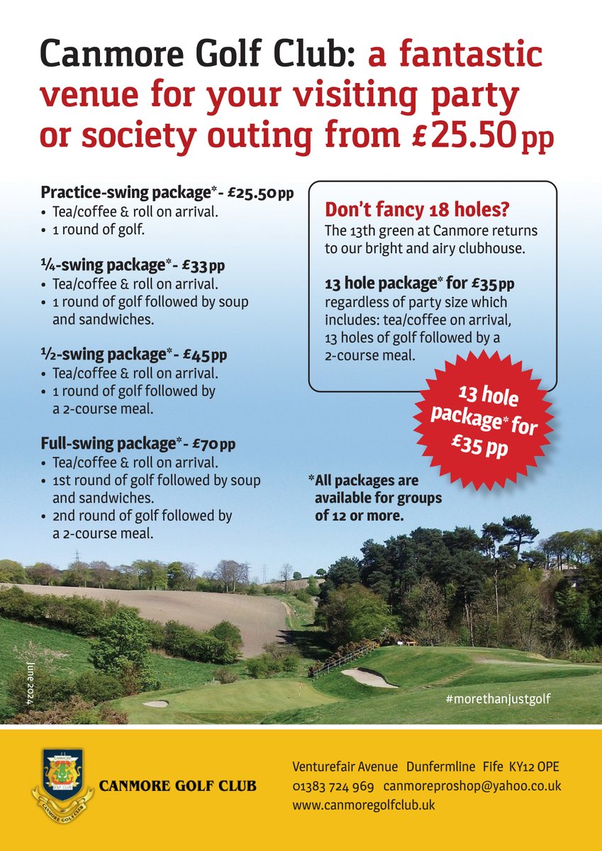 Golf Packages 13, 18 &amp; 36 Holes
Contact Golf Shop on 01383 724969 where Fraser or Andy will be happy to discuss your requirements.
canmoreproshop@yahoo.co.uk
canmoregolfclub.uk
#golf #dunfermline #society #societygolf #golfpackage #greatdayout #golfscotland #morethanaclub