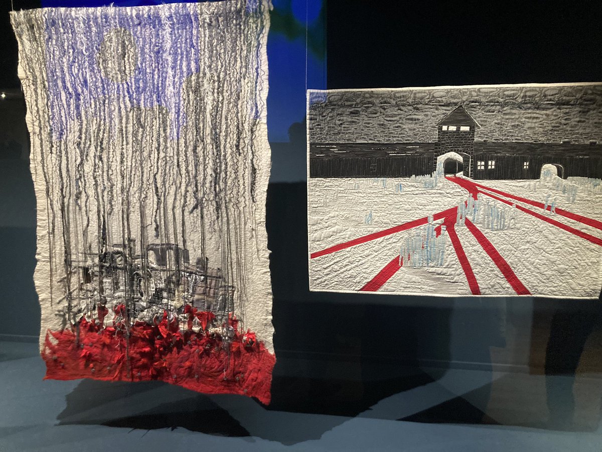 I attended the opening of the powerful new Conflict Textiles exhibition at <a href="/UlsterMuseum/">Ulster Museum</a> last night. 

Two of the most striking wall hangings:

🪡 ‘Never Again’, showing Auschwitz death camp
🪡 ‘Cast Lead’, depicting the 2008/9 Israeli war in Gaza

The common colour: blood-red.