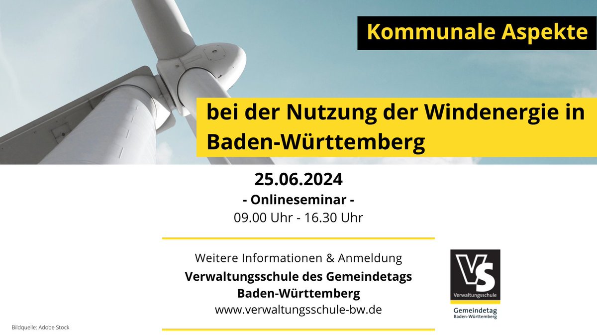 Das Fachseminar unserer Verwaltungsschule verschafft kommunalen Praktikern einen Überblick über Handlungsfelder bei der Windenergienutzung vor Ort.

Mehr Informationen und Anmeldung unter verwaltungsschule-bw.de/veranstaltunge…
