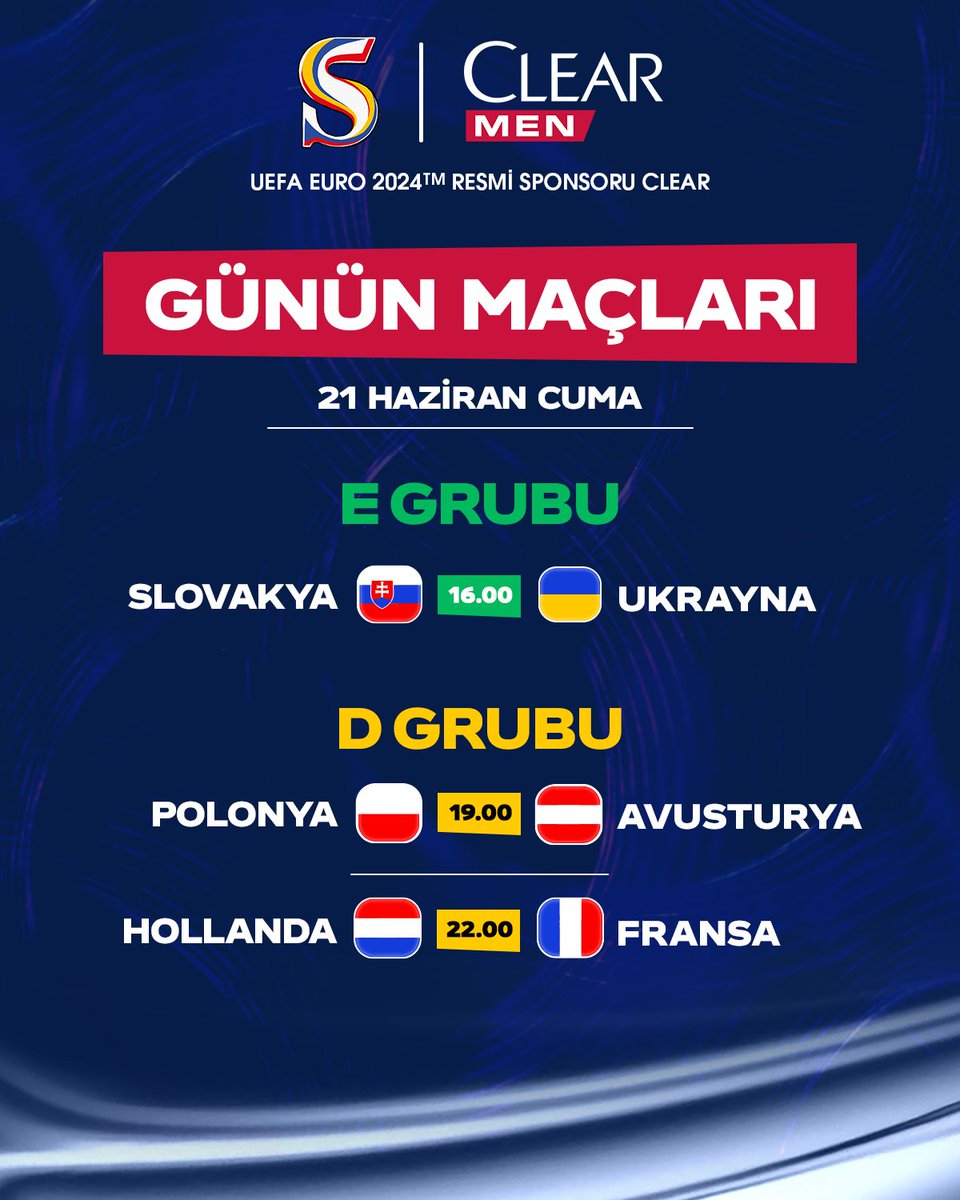 ⚽ Günün maçları. #EURO2024

@clearturkiye #ClearİleKafanRahat #Sponsor