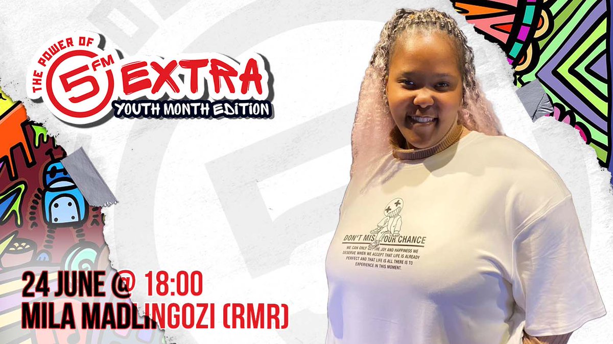 5FM's tweet photo. We're #Ampli5-ing the voices of the youth with our online pop-up channel #5Extra - Youth Month Edition! 🥳
Tune in to Mila Madlingozi - 2nd Year, Bachelor of Journalism and Media Studies student & presenter at @RMR897 - at 6pm, exclusively on the 5FM app. https://t.co/RjVbgFz19d