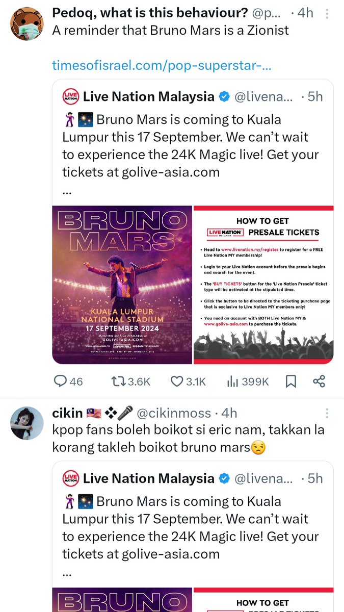 wst Respect banget sama warga malay yang langsung boik0t bruno mars karena dia terang-terangan zionist 🥺, di indo malah pada rame nge hype, padahal kemarin boik0t band yang kolab sama sbux cepet banget.