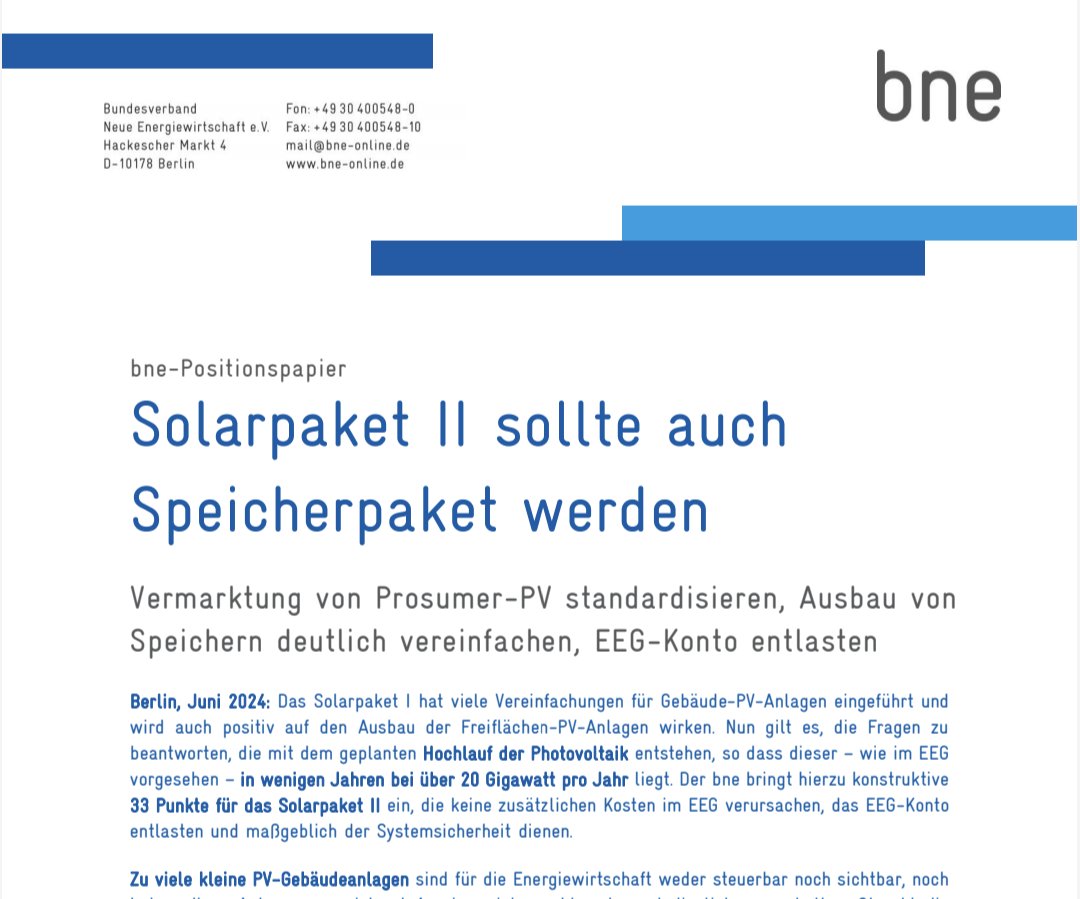 1/9 🌞 Das #Solarpaket II sollte auch ein #Speicherpaket werden. Insbesondere die Vermarktung von Prosumer-PV und der vereinfachte Ausbau von Speichern sind essentiell. Der <a href="/bne_news/">bne</a> veröffentlicht 33 Punkte für das Solarpaket II. t1p.de/u4fb5