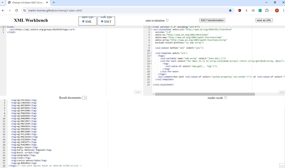 XSLT_knowmad's tweet photo. json-doc support has landed in the #XSLT 3 development branch of Apache #Xalan Java and is now that way available in my #CheerpJ 3 and Xalan powered, browser based XSLT fiddle https://t.co/t95MbKOrlX: https://t.co/HRyrBkilyR
